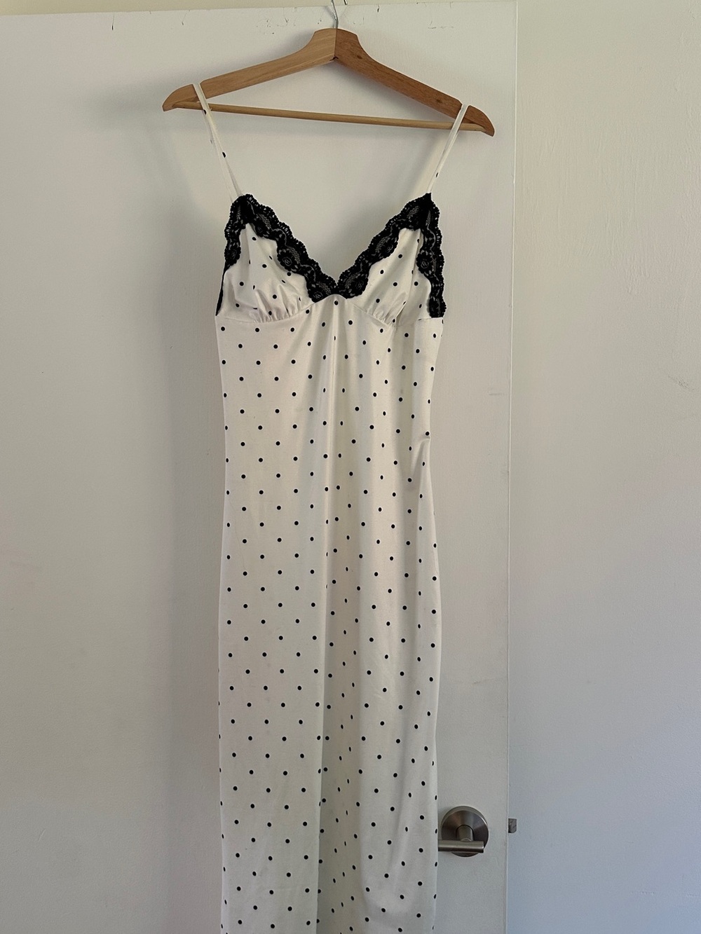 Women's White Polka Dot Slip Dress with Black Lace Trim